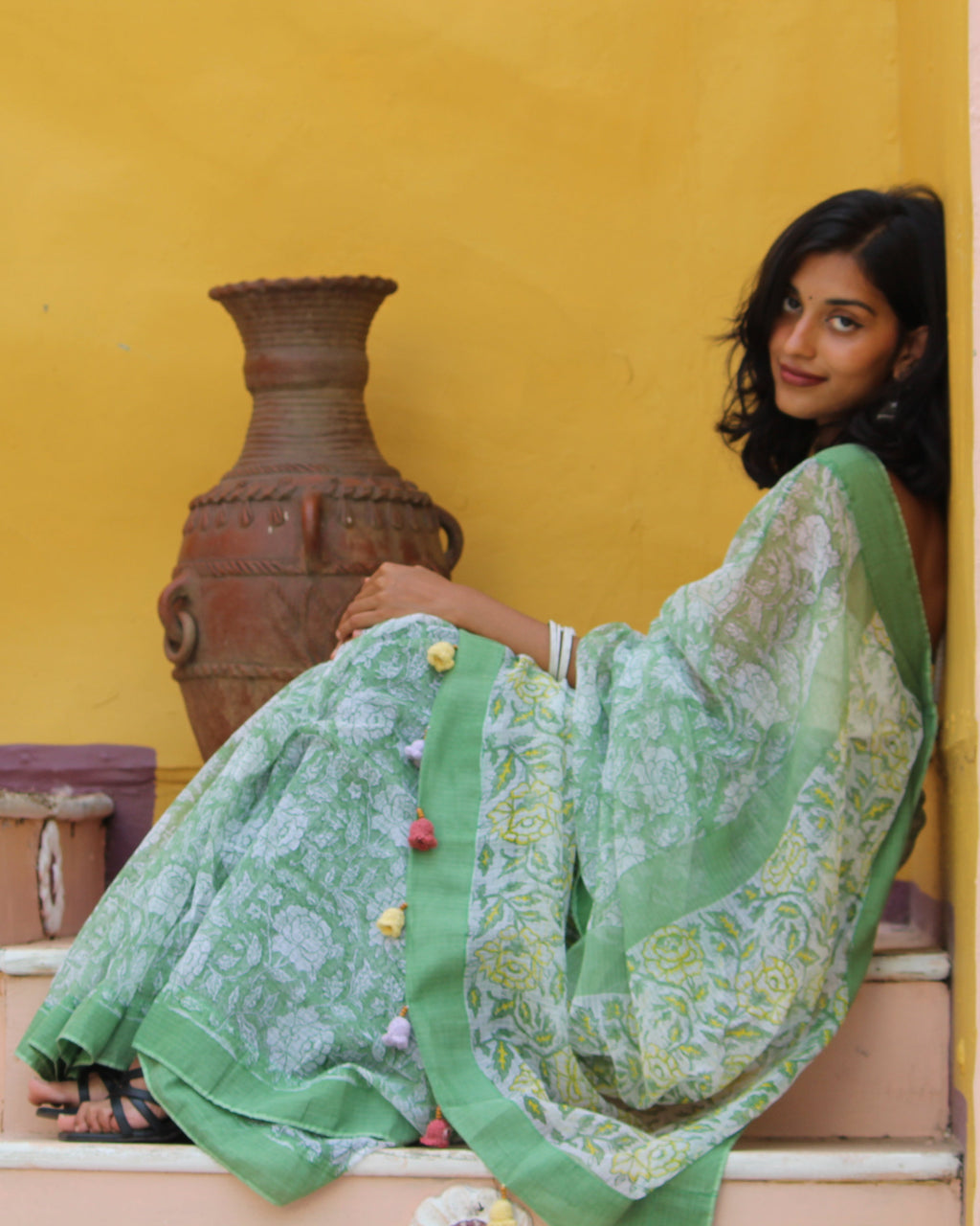 Sage Green Block Print Saree & PatchWork Blouse Ensemble