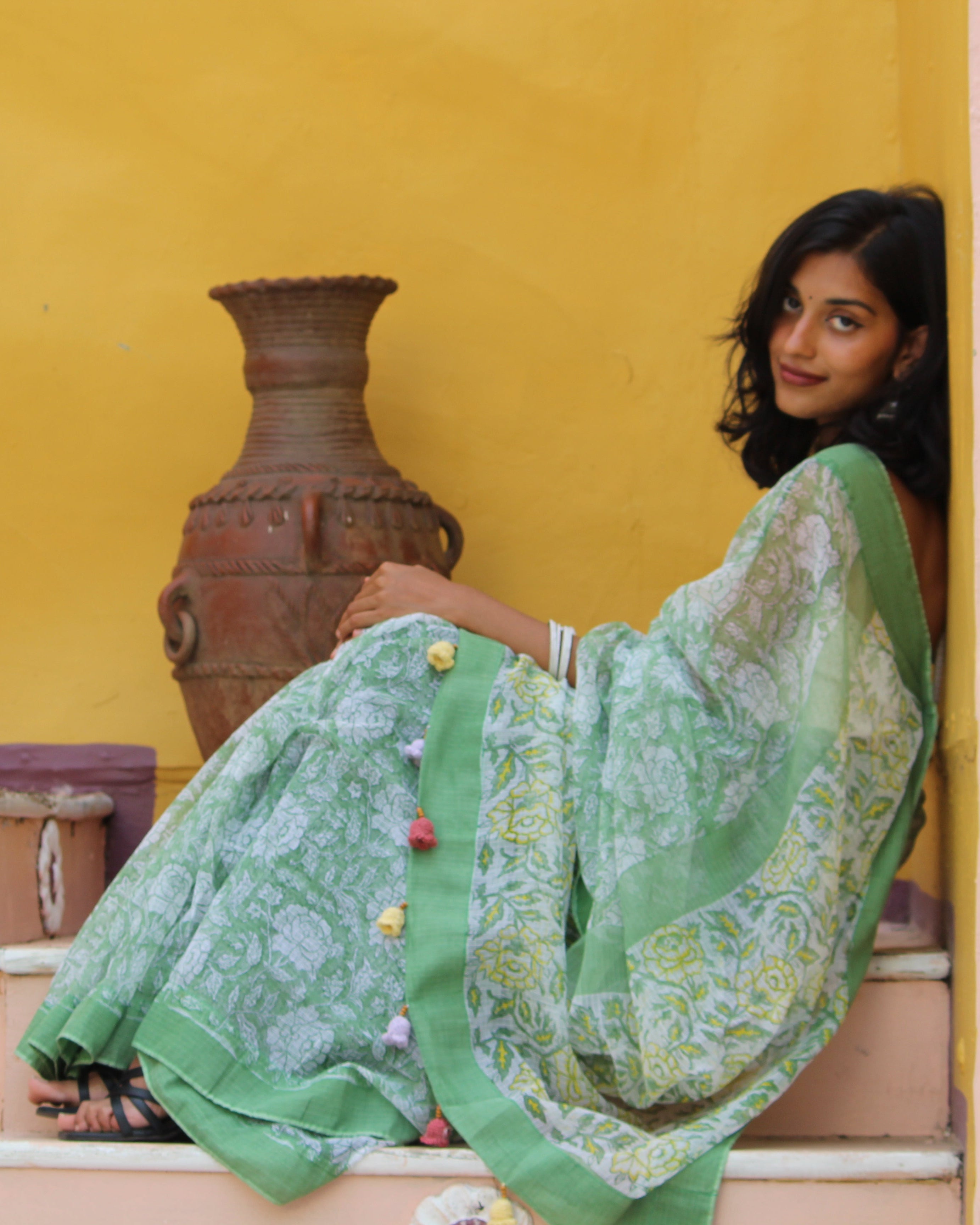 Sage Green Block Print Saree & PatchWork Blouse Ensemble