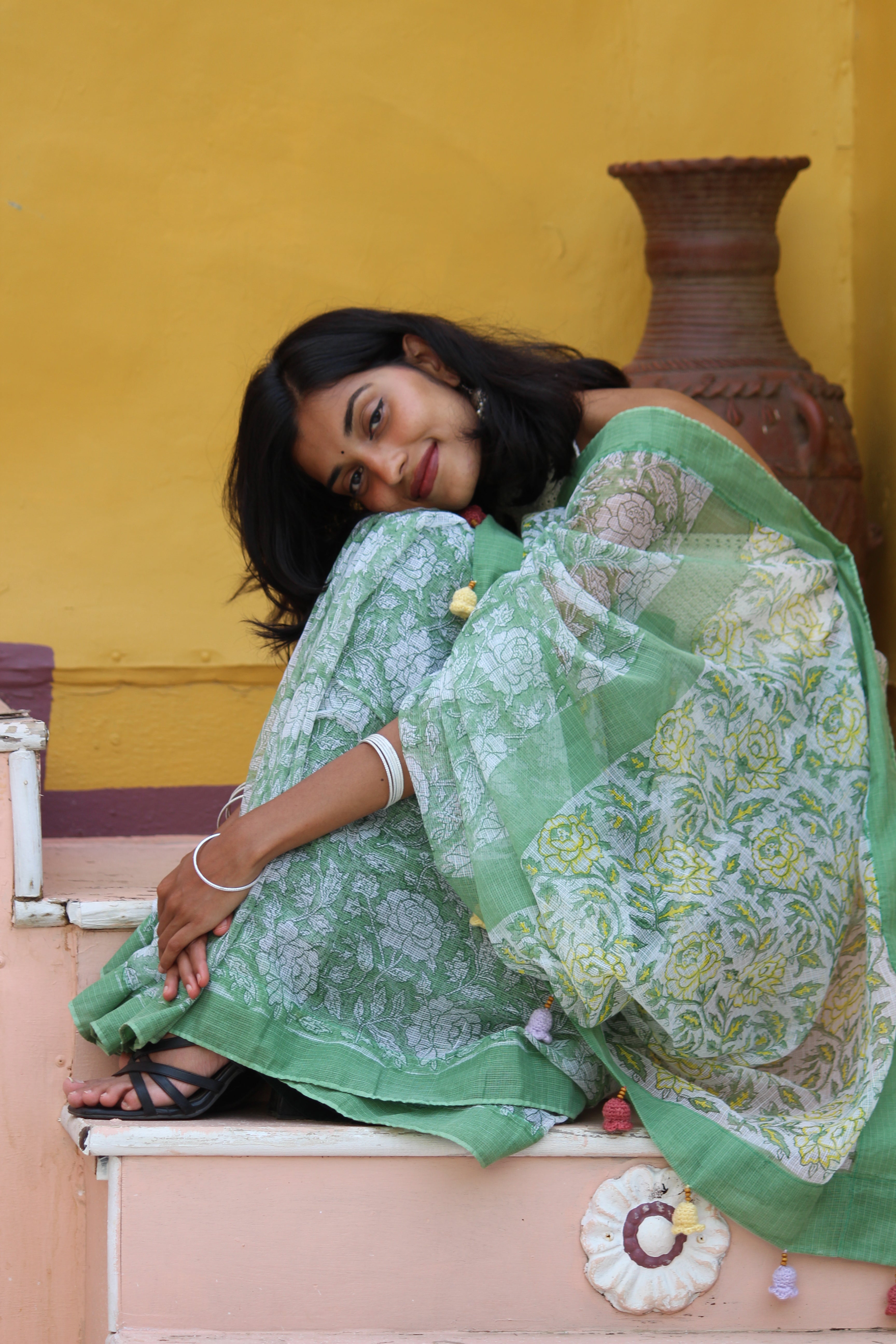 Sage Green Block Print Saree & PatchWork Blouse Ensemble