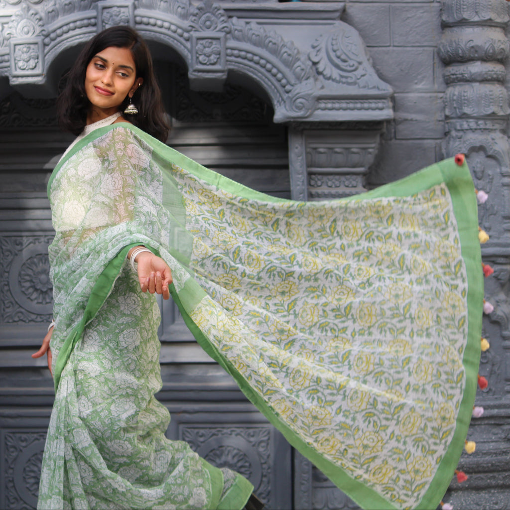 Sage Green Block Print Saree & PatchWork Blouse Ensemble