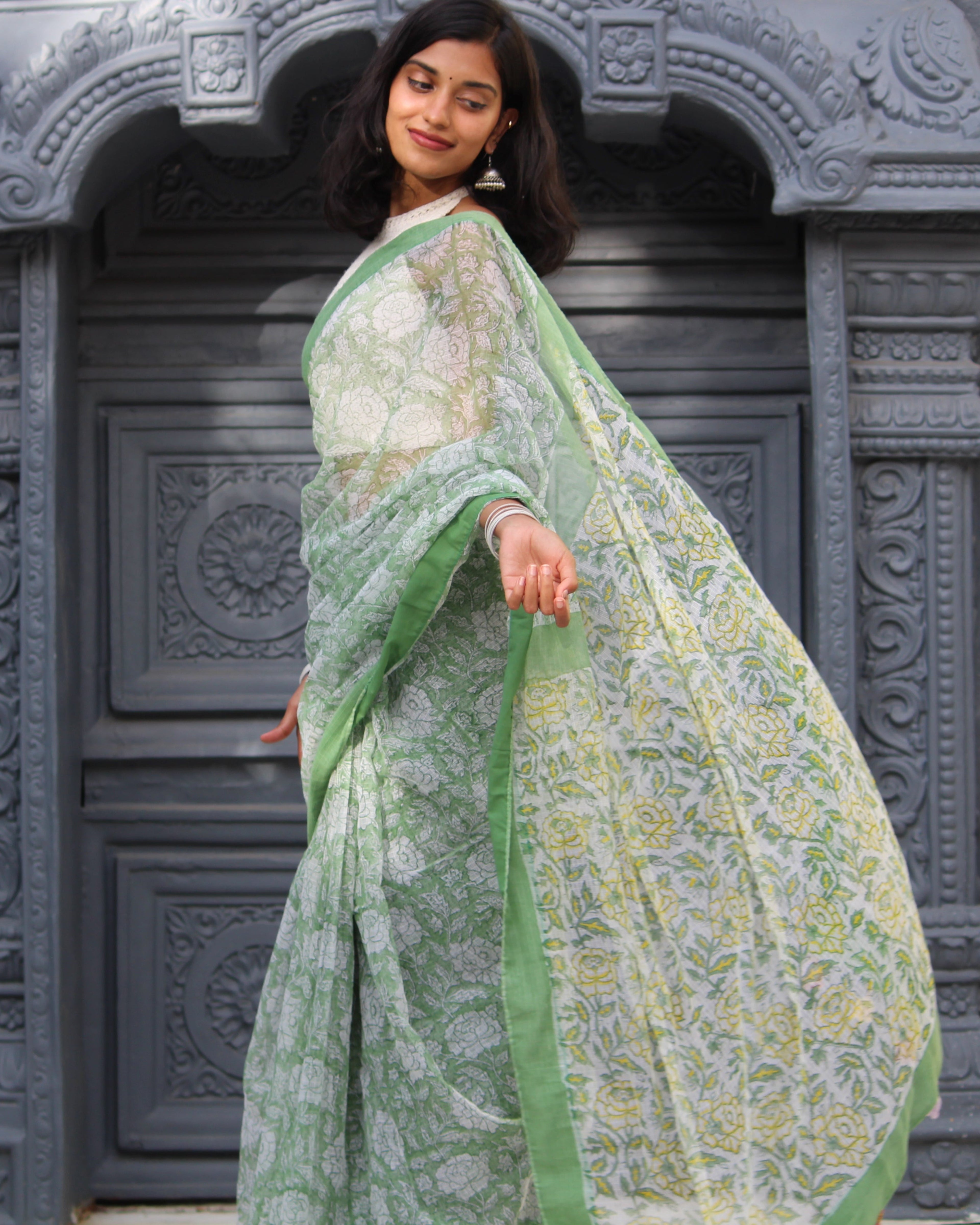 Sage Green Block Print Saree & PatchWork Blouse Ensemble