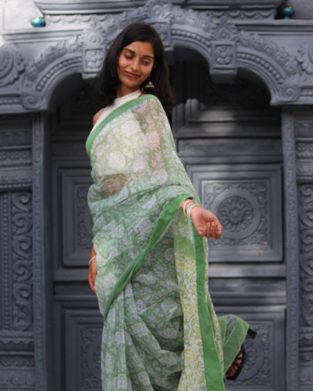 Sage Green Block Print Saree & PatchWork Blouse Ensemble