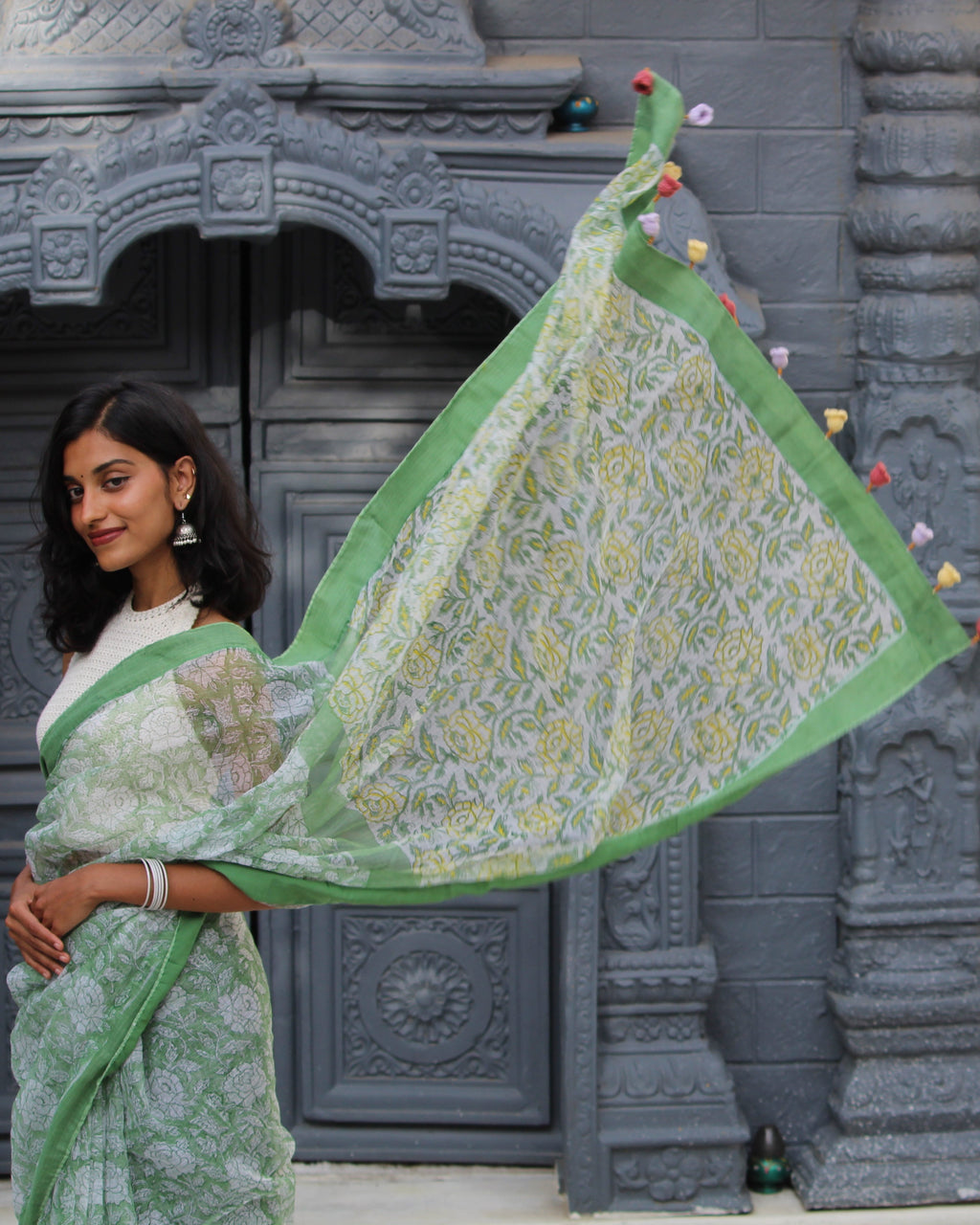 Sage Green Block Print Saree & PatchWork Blouse Ensemble